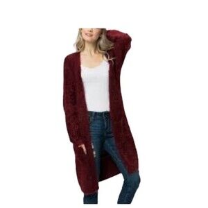 Chelsea & Theodore Fuzzy Soft Open Front Cardigan Sweater Burgundy Berry Size S